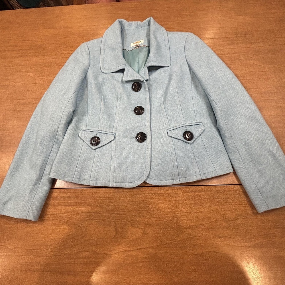 Talbots Blazer Womens 6P Blue Viscose Wool Blend Herringbone Button Lined